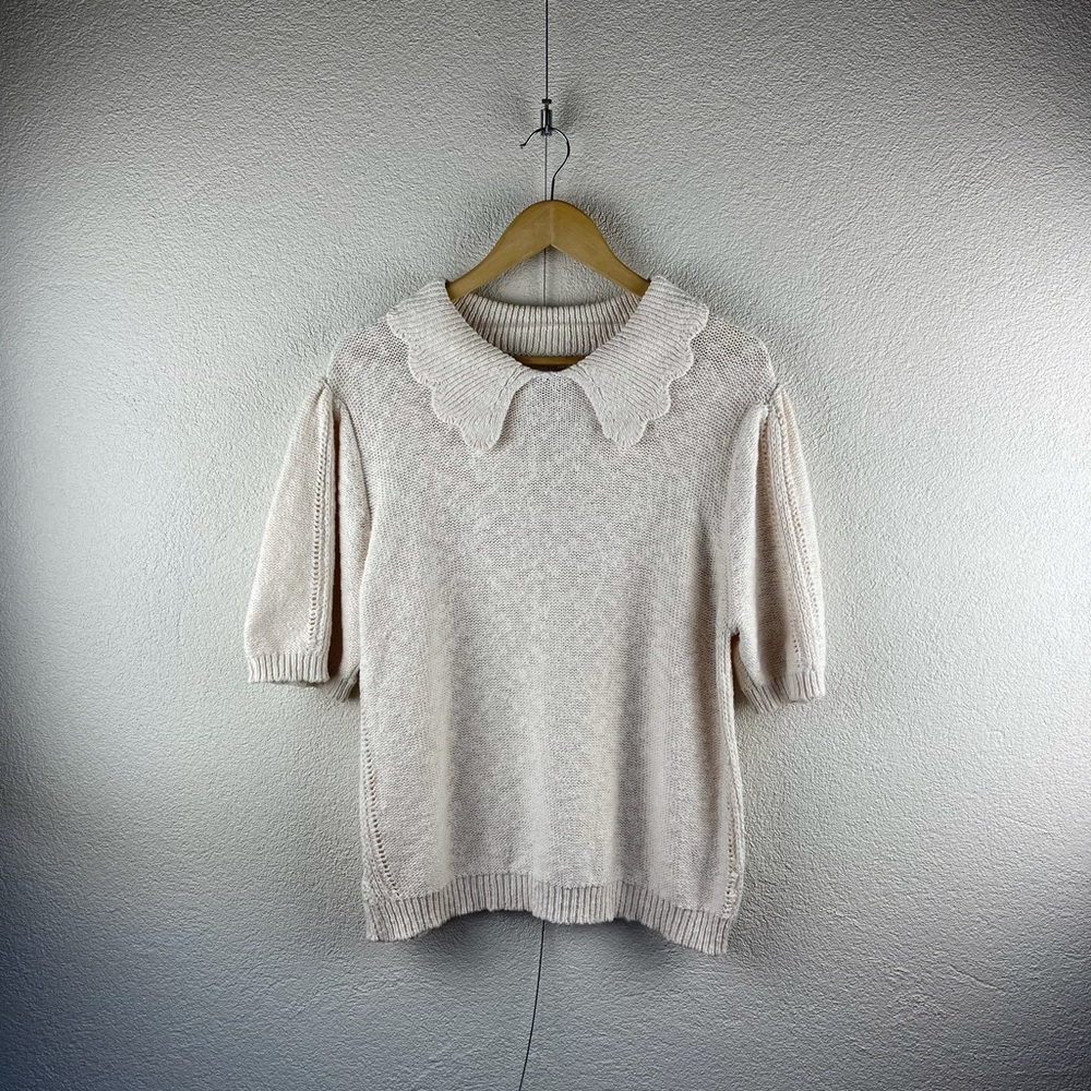 SOLD l L Retro Collared Cream Short Sleeve Crewneck T-Shirt Sweater - Picture 4 of 16
